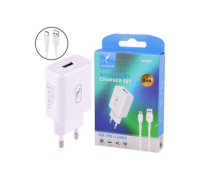 شارژر دیواری 12 وات اسکای دلفین مدل SC07T 2.4A + کابل تایپ سی